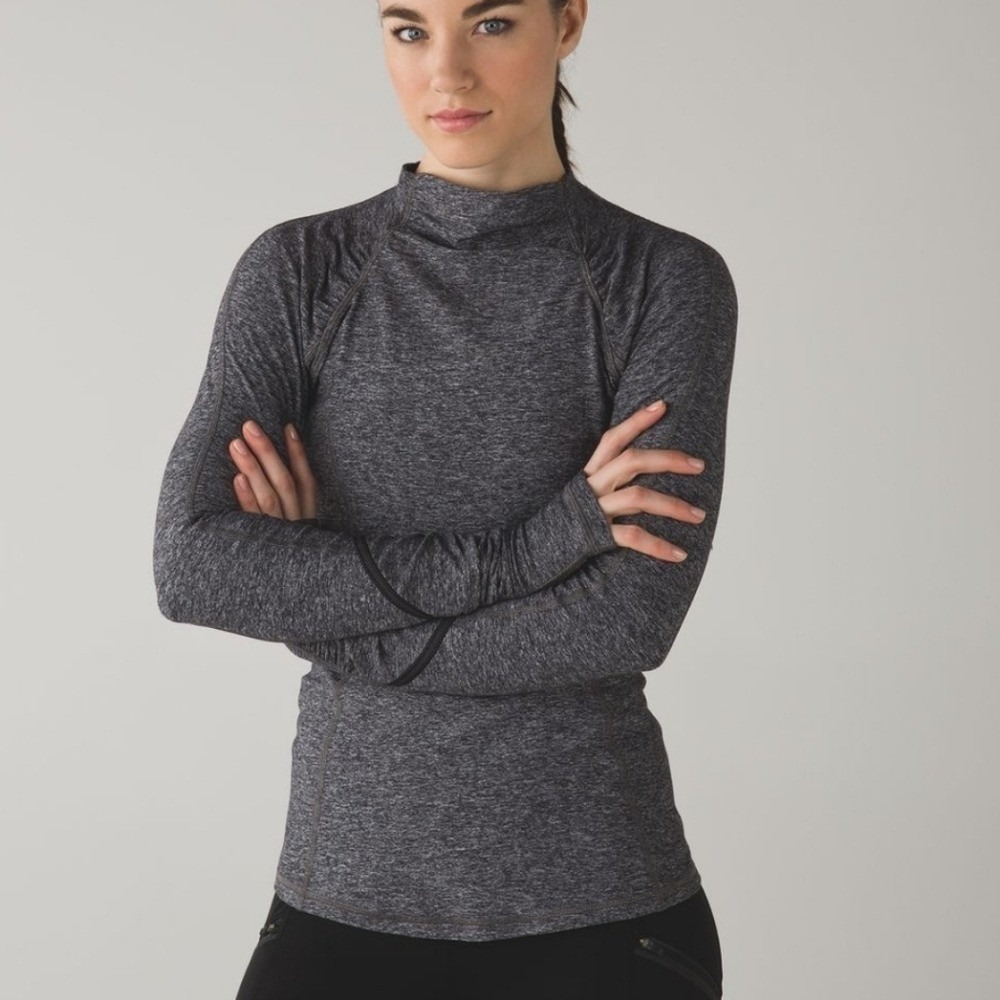 Lululemon Warm It Up Long Sleeve Mock Neck Heathered Black Rulu Top SZ 6/8